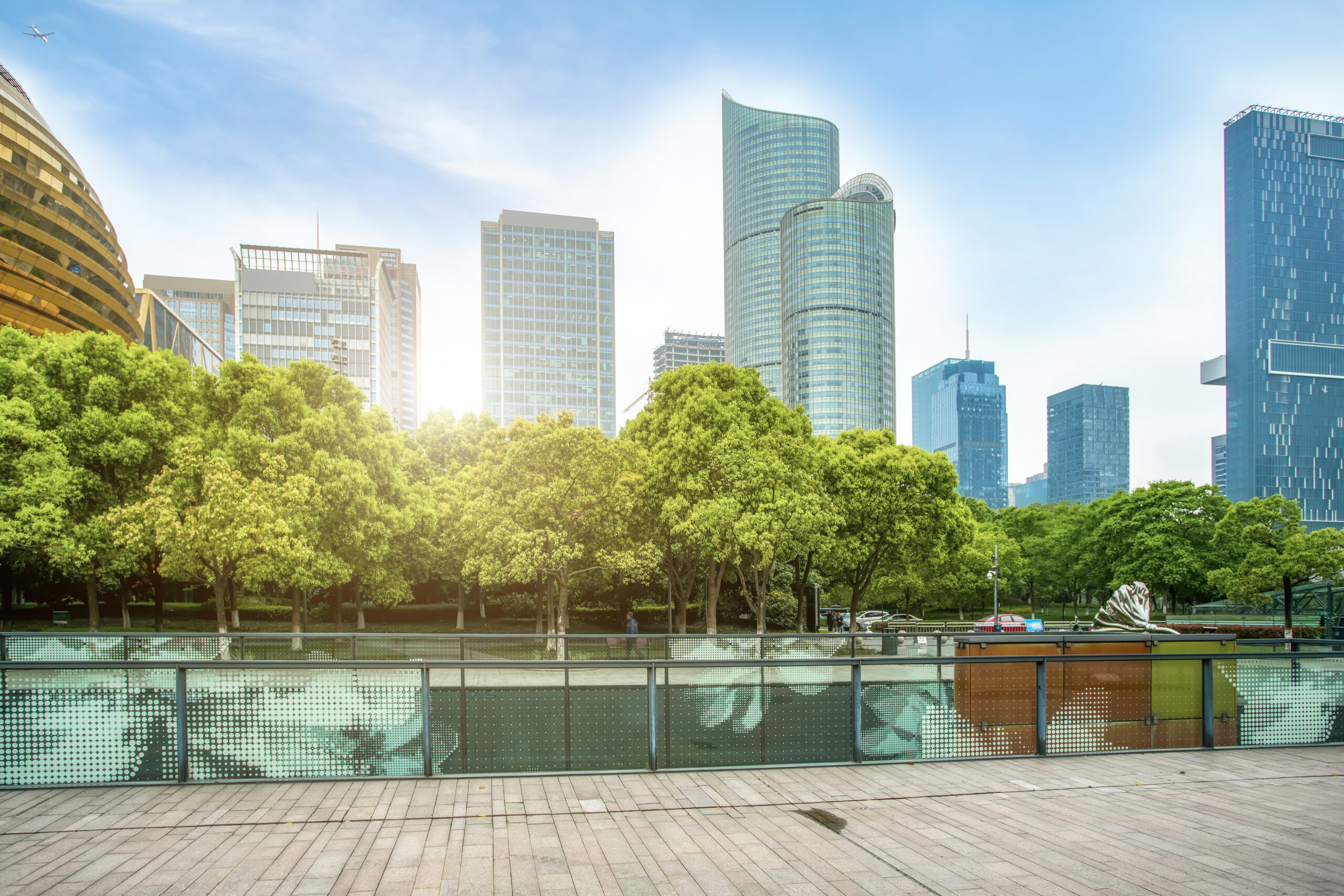 River city scape with trees and sidewalk