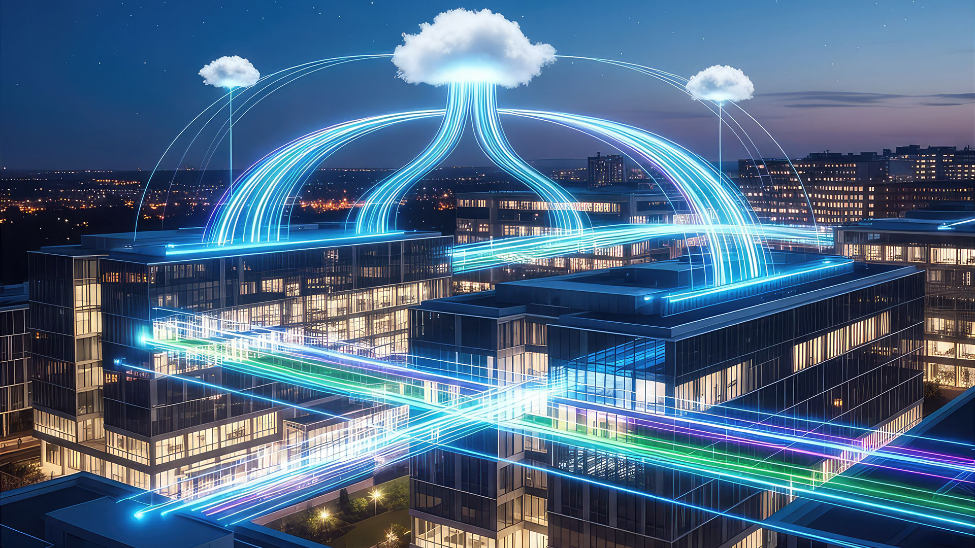 Digital clouds hovering over modern office buildings at night, connected by glowing blue light beams representing data transfer and cloud computing.