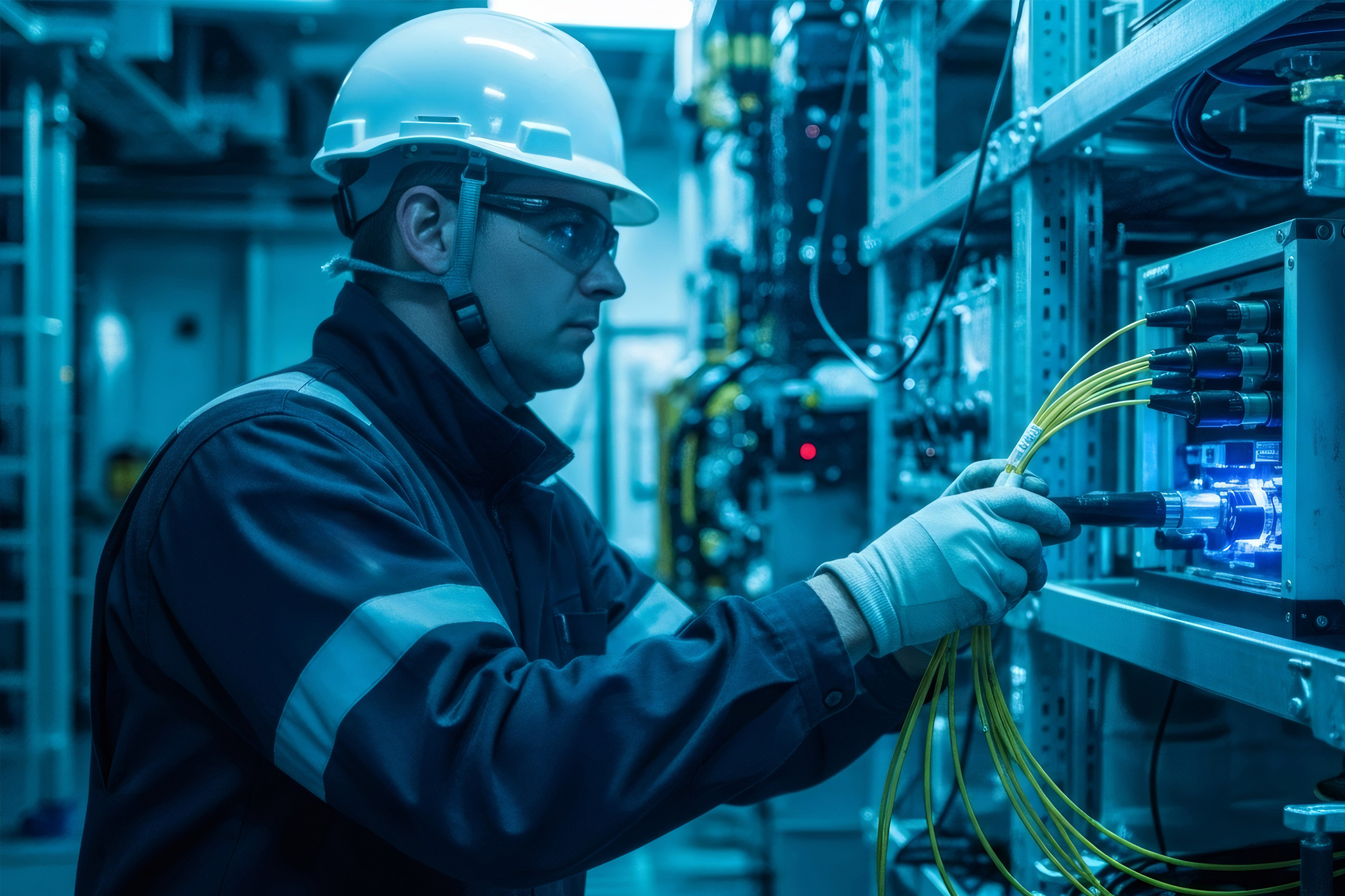 Technician in hard hat maintaining an industrial server rack with fiber optic cables