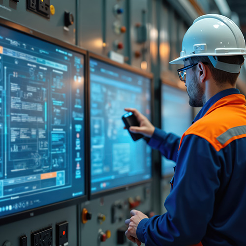 Engineer in hard hat monitors industrial control system displays with analytics screens