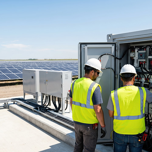 Two technicians in safety vests and hard hats working on electrical equipment near solar panels under a clear blue sky.