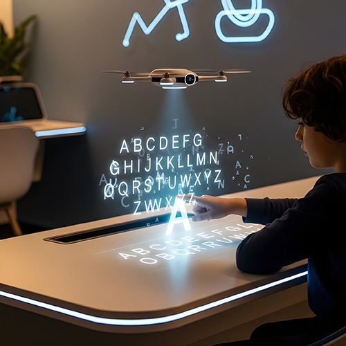 Elementary boy using a futuristic interactive learning board with glowing letters and numbers.