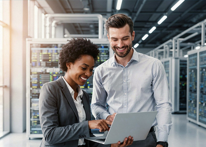man and woman co-working smiling looking at a laptop in a data center