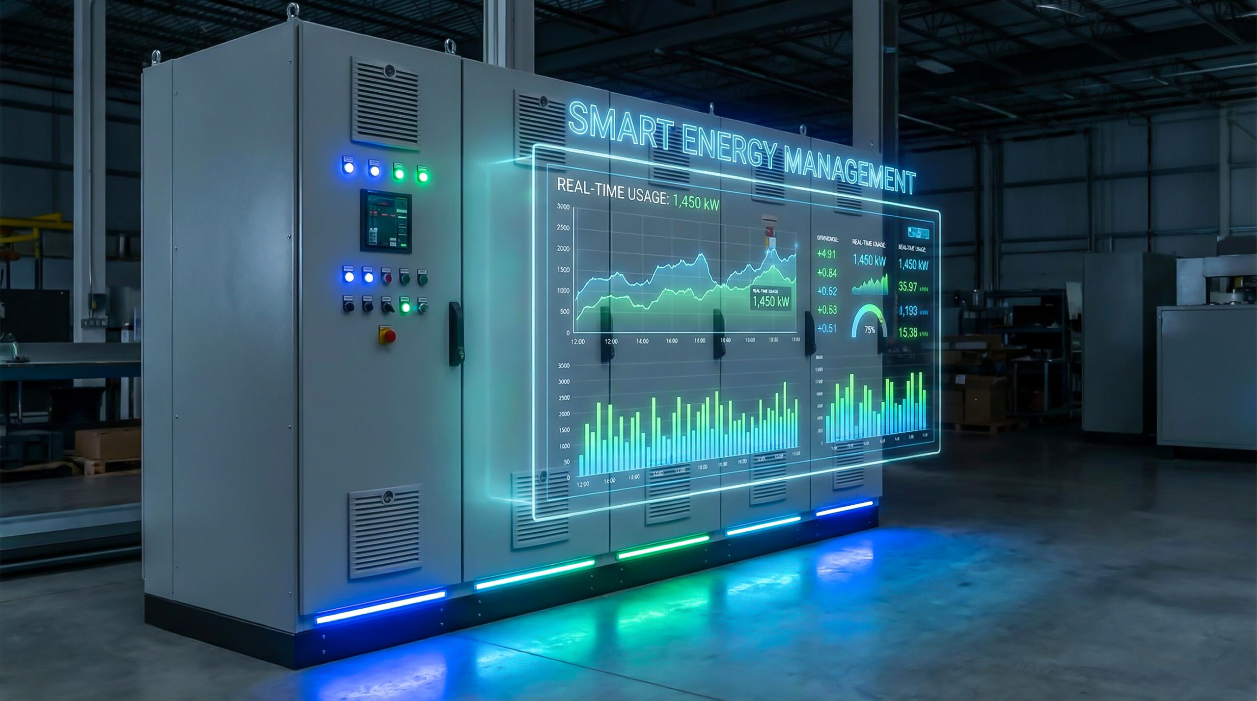 A large industrial electrical control cabinet in a warehouse featuring a glowing digital overlay displaying smart energy management data and charts.