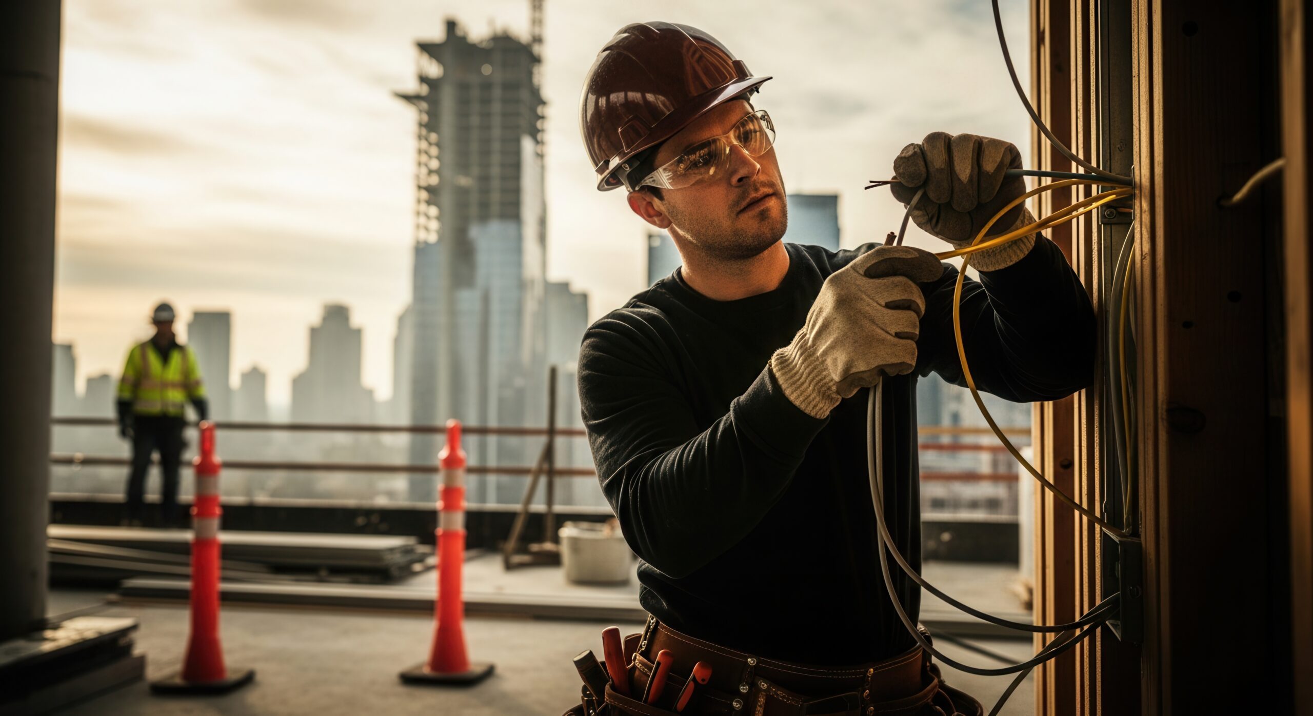 An electrician in a hard hat and safety glasses works on wiring inside a wooden frame at a construction site with city skyscrapers in background.