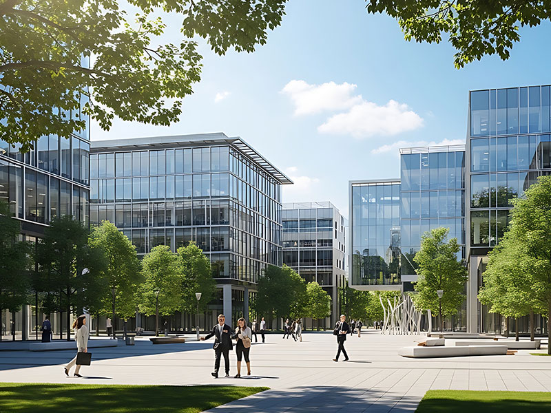 business people walking in a corporate park
